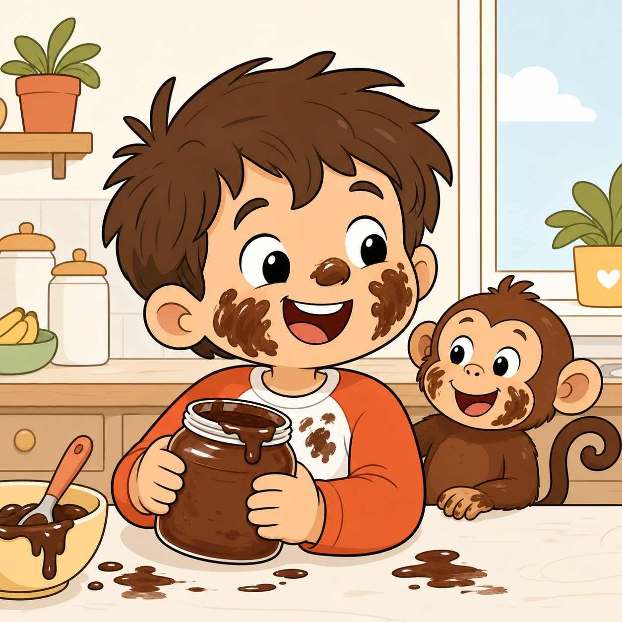 Leo cannot resist the delicious chocolate spread on the kitchen counter. After getting it all over his face, he play-fully tells his mom that a tiny brown monkey snuck in and hugge